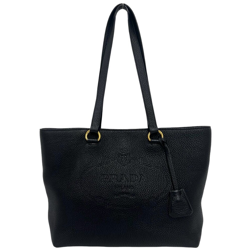 PRADA Embossed Logo Leather Tote Bag, Semi-Shoulder Business A4 Size, Black (...